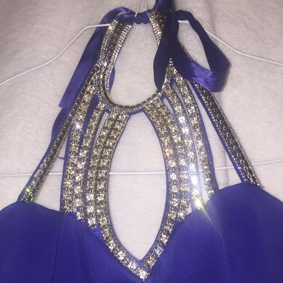 Royal Blue Mid-Calf Beaded Neck Homecoming Dress - Picture 2 of 3